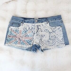 lace inset union jack denim shorts